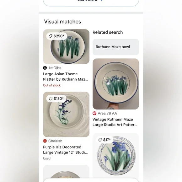 Ruthann Maze 14” Round Platter. Features her Purple Iris Design. Pottery. - Picture 9 of 11